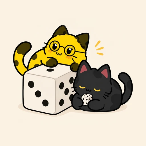 Pip, a yellow cat in round glasses sitting on a die, and Dot, a black cat, standing beside her